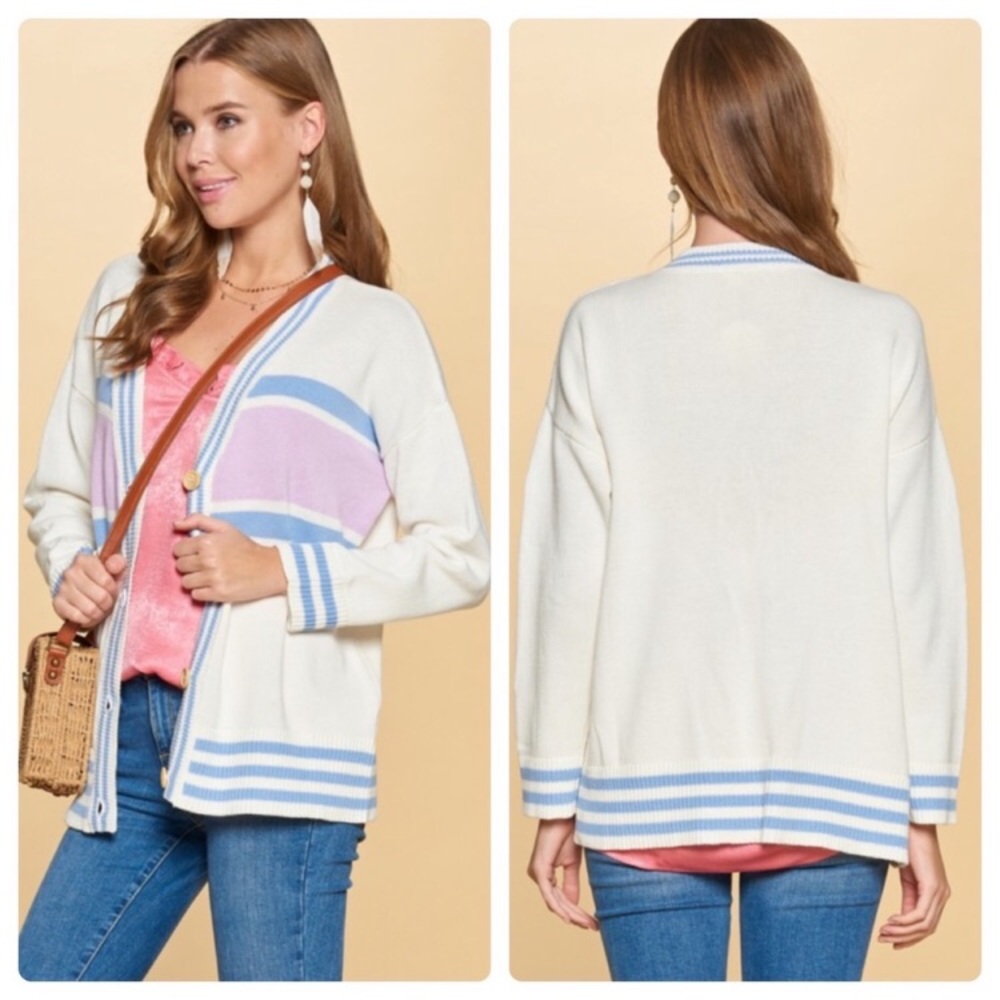🆕 Varsity Style Ivory Color Block Cardigan Sweater! SZ - Med./Lg